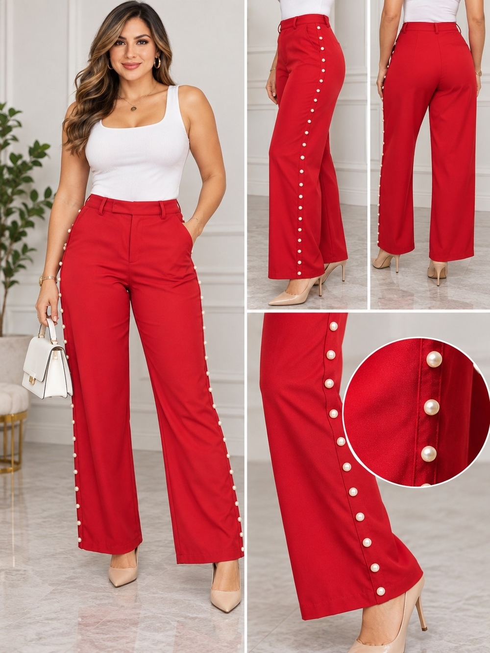 Pearl-Accent Wide-Leg High-Waist Pants - Red